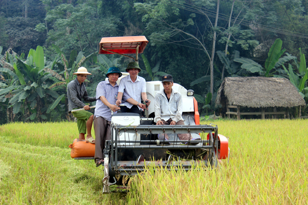 Nông nghiệp khởi sắc nhờ áp dụng các tiến bộ khoa học vào sản xuất. Trong ảnh: Lãnh đạo huyện kiểm tra máy gặt đập liên hoàn.